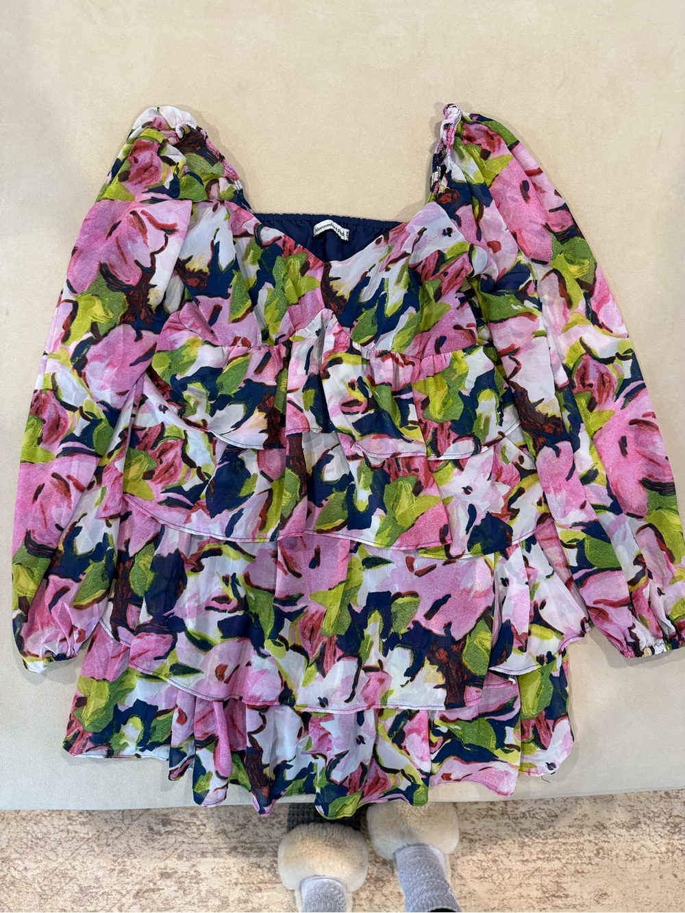 Abercrombie & Fitch Pink Floral Long-Sleeve Tiered Dress